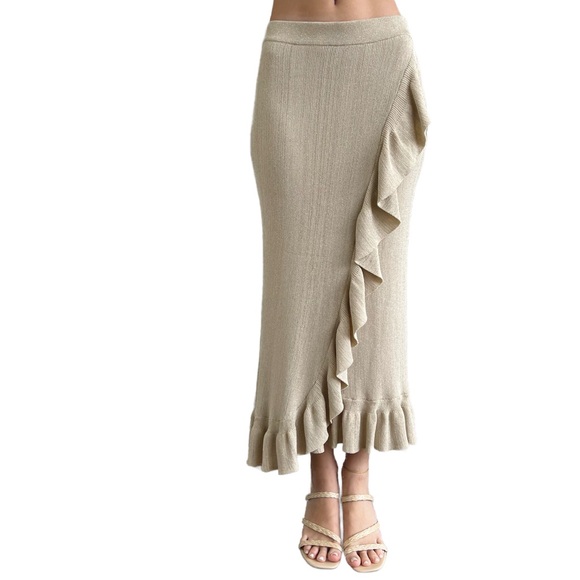 House of Harlow Gold Knit Ruffle Bodycon Maxi Skirt Small Pull On Stretchy Small - Picture 1 of 5